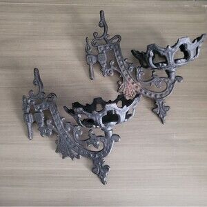 2 Victorian Goth Black Cast Iron Swing Arm Oil Lamp Candle Holder Vintage Ornate